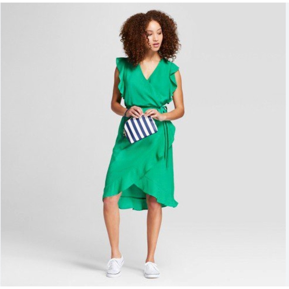 A New Day Faux Wrap Dress Women's XS Green Ruffle Dainty Feminine Classic Casual
